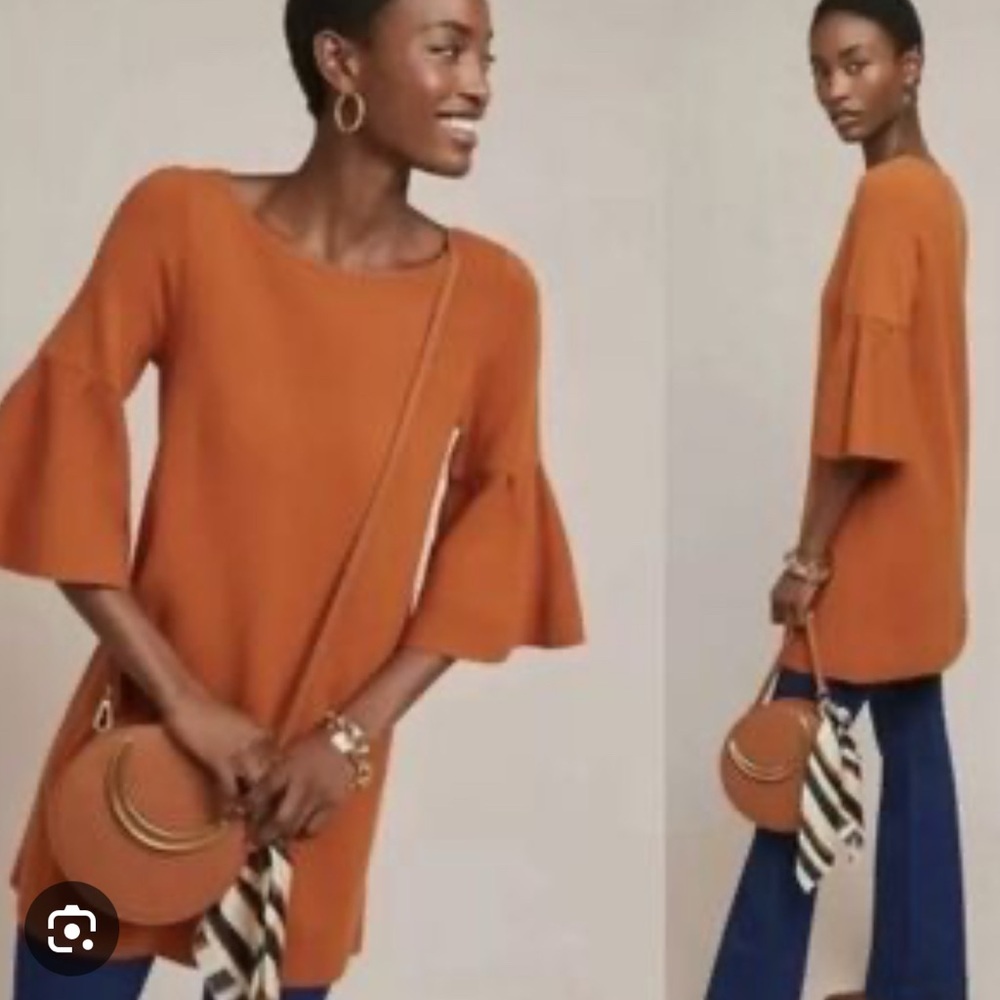 Anthropologie Moth Bell Sleeve Tunic Sweater Dress Womens Small‎ Rust Honey